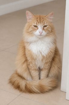 Langharige rood-witte kater Fluffy is een binnenkat