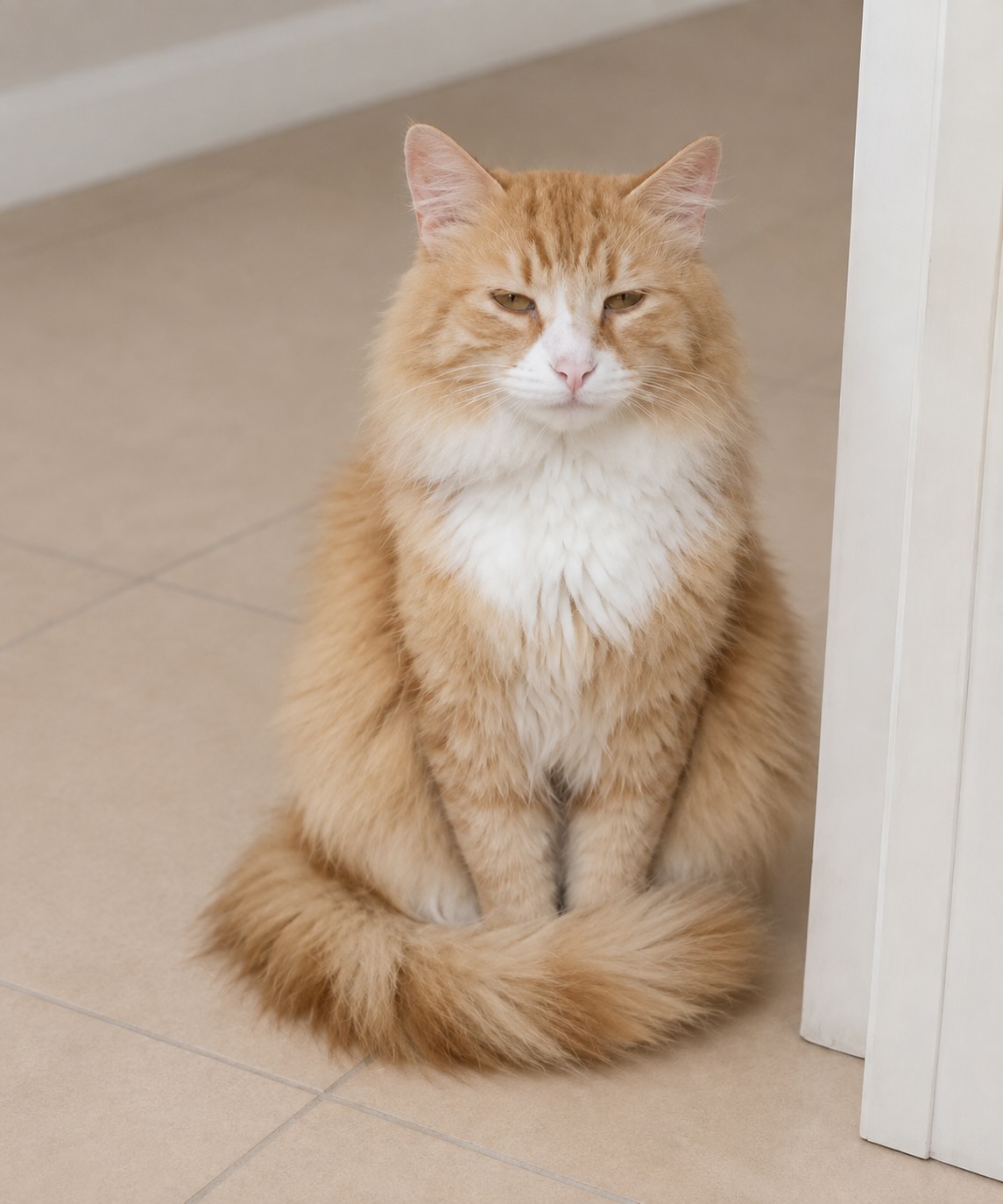 Langharige rood-witte kater Fluffy is een binnenkat