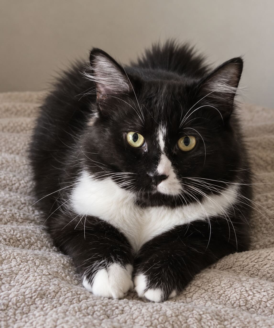 Zwart-witte poes Emily is fluffy en een binnenkat