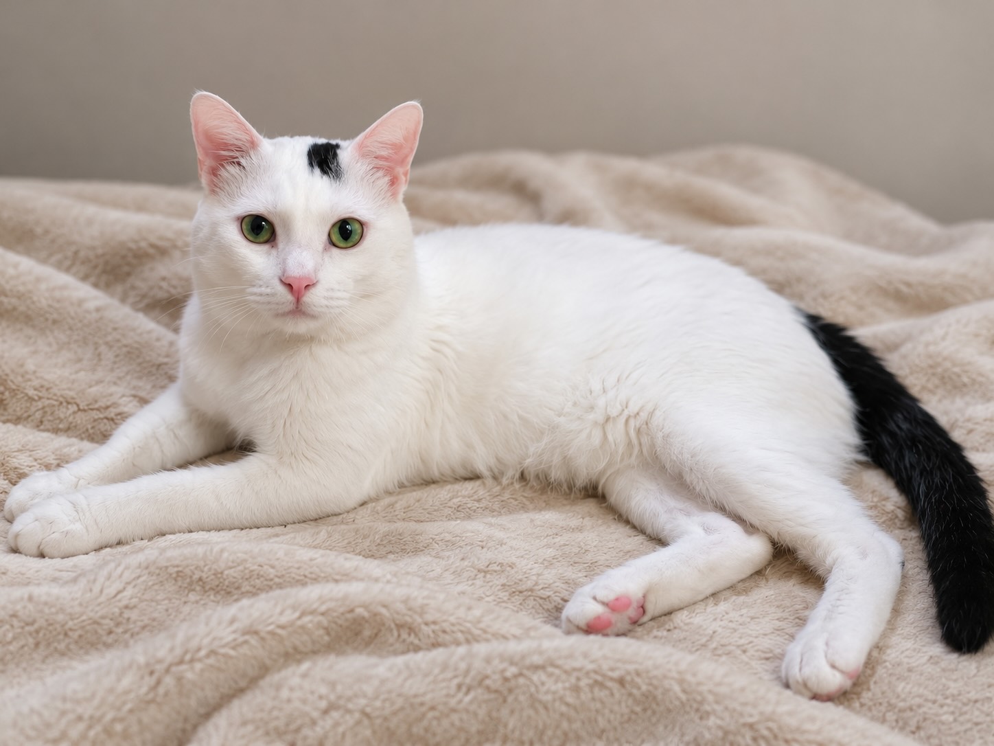 Witte kater Guus is een binnenkat en heeft wat toefjes zwart